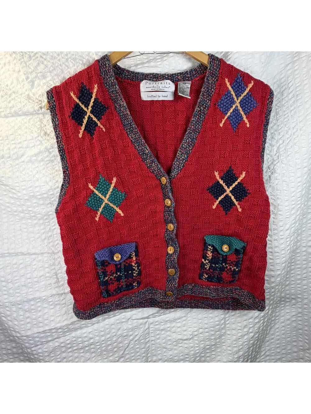 Portraits by Northern Isles Hand Knitted Sweater Vest Women’s Large Red Argyle
